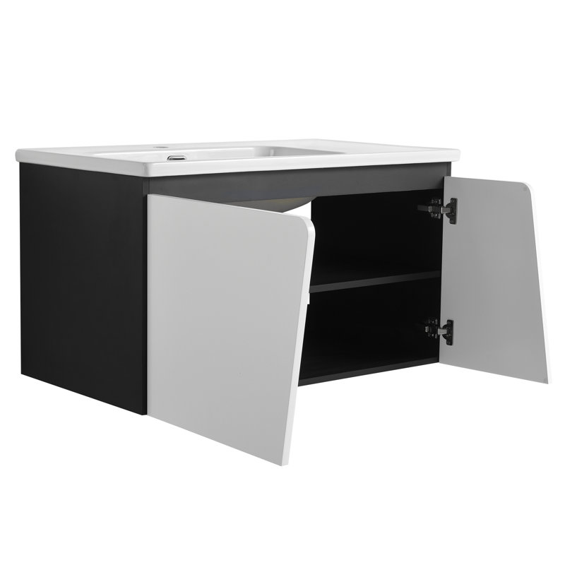 Bathroom Dressing Table With Ceramic Sink & Soft-Close Door. Modern Appliance. Practical Storage. Plywood Cabinet. White And Black 36'' Floating Vanity Basin. Door Benefit. Decor. Plywood. Choices