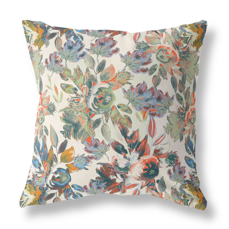 20" X 20" White And Green Broadcloth Floral Throw Pillow, Vert / Beige