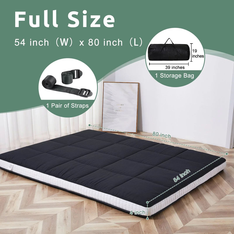 Futon Mattress , Memory Foam Padded Japanese Floor Mattress for Adults with Bandage and Storage Bag, Black, Full
