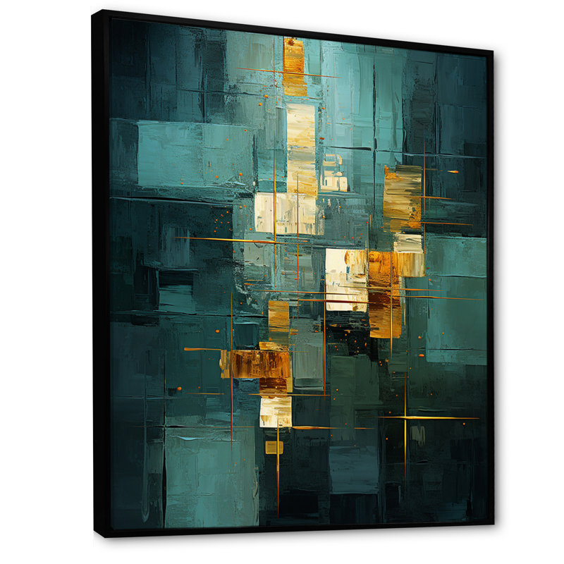 Illumination of Desire Cubist Turquoise Gold I - impression, Cadre flottant noir, H 44 po x l 34 po x P 1,5 po