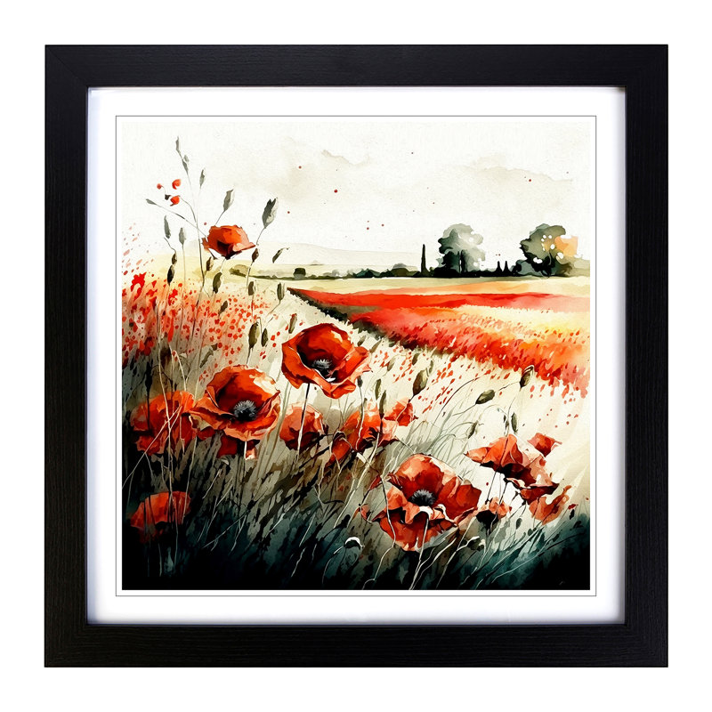 Poppy Field Watercolour - Framed Print, Black