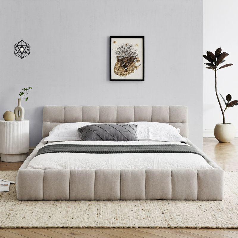 Grand lit plateforme tapissier avec tissu chenille, motif au sol, tête de lit et structure en bois robuste, beige (68 po x 86,5 po x 23,5 po)
