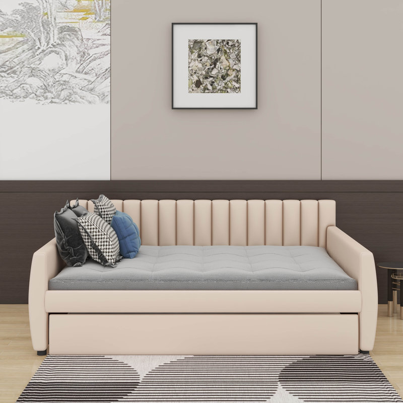 Lit de jour double avec lit gigogne, Beige