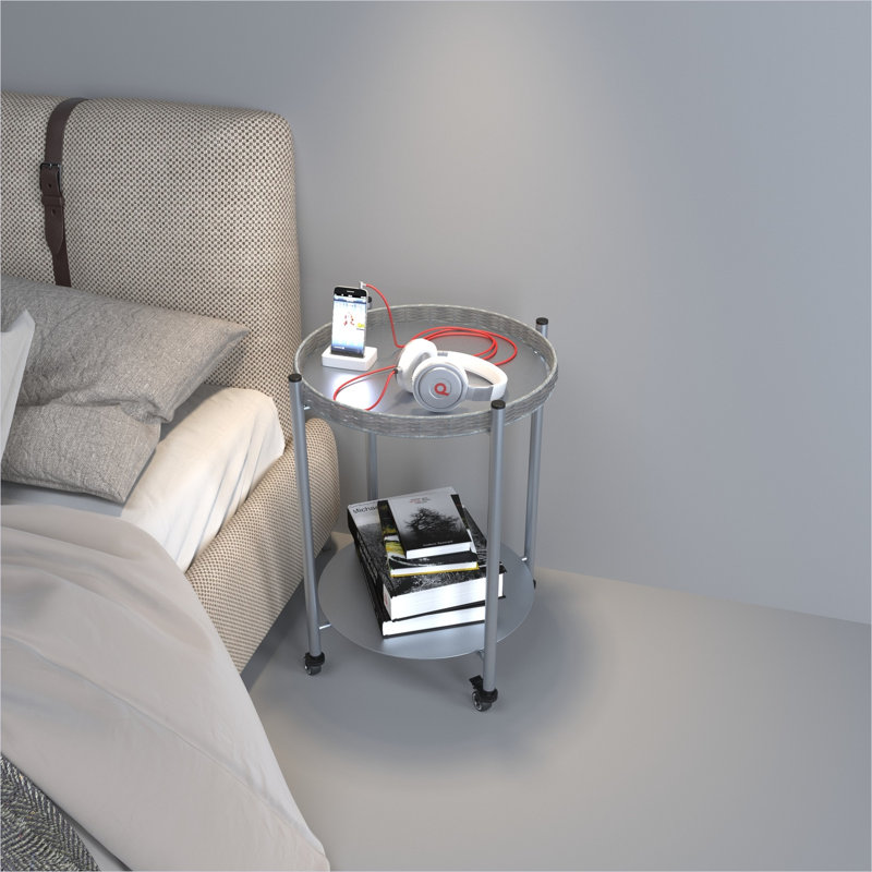 Round Coffee Table with Storage Shelf and Locking Wheels, Slate Grey Metal, Compact 2-Tier Movable Side Table for Living Room or Bedroom