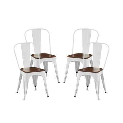 Ensemble de 4 chaises de salle à manger industrielles en métal haute brillance avec siège en bois noyer empilable de 18 pouces de hauteur, intérieur extérieur, surface légère facile à nettoyer, assemblage facile, conception moderne durable