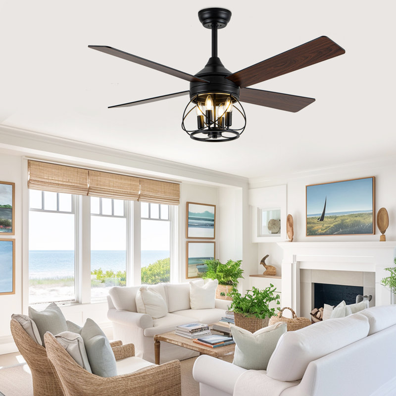 52'' Farmhouse Caged Ceiling Fan With Lights And Remote, 4 Dual Finish Wood Blades Reversible DC Motor Ceiling Fan For Porch