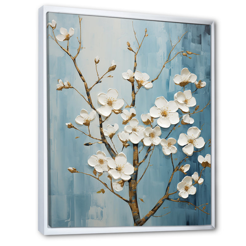Paix et cornouiller bleu et blanc II, H 44 po x l 34 po x P 1,5 po, Cadre flottant blanc