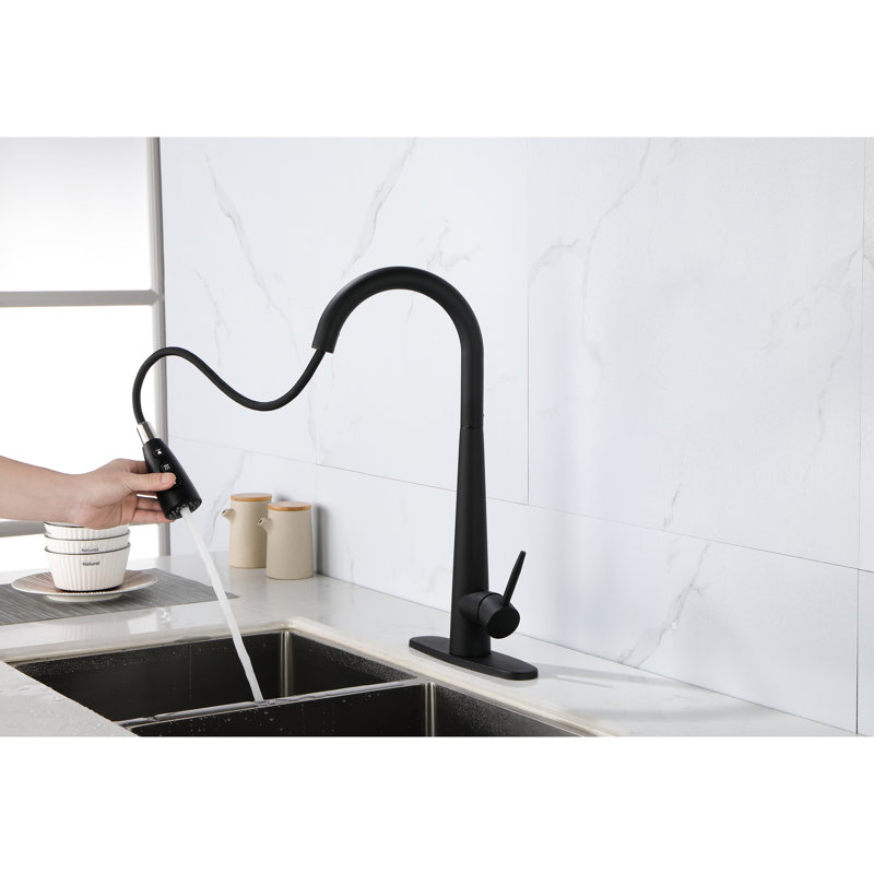 Robinet d'évier de cuisine à poignée simple à poignée simple en acier inoxydable, agencement de couleur noir mat, buse à grande arche rotative à 360 °, trois options de débit d'eau, jet, température et débit faciles