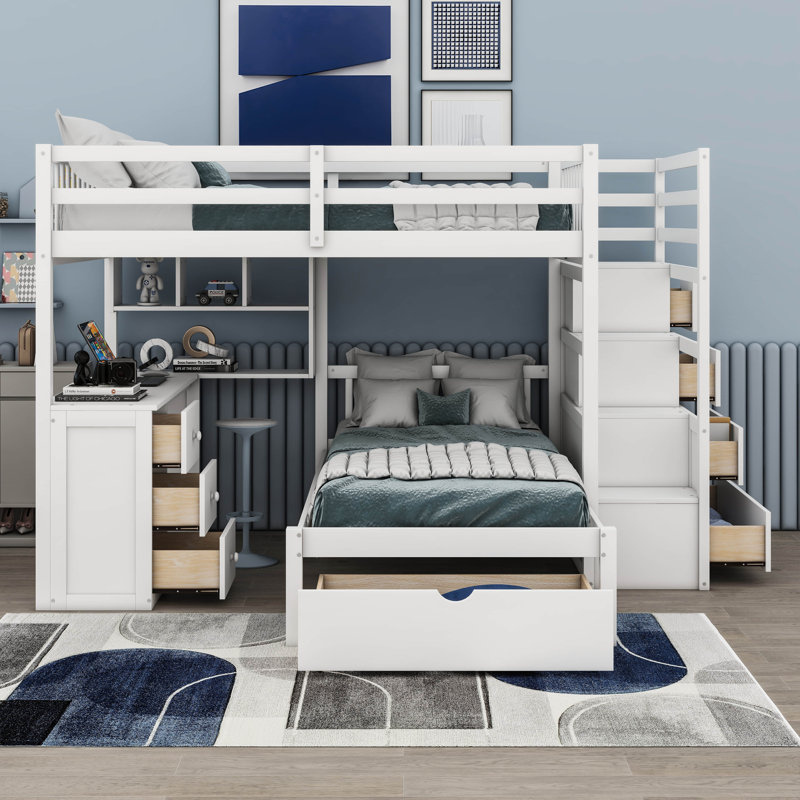 Jefforey Full Over Twin Bunk Bed with Desk, Drawers and Shelves, White