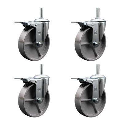 5 Inch Semi Steel Swivel 5/8 Inch Threaded Stem Caster Set with Total Lock Brake