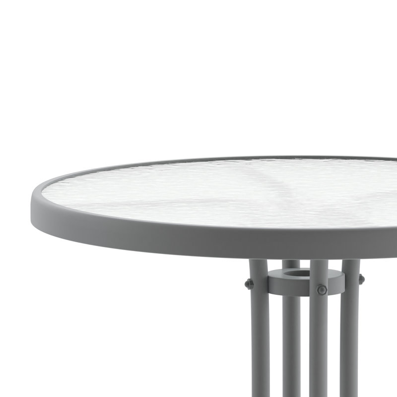 Amlie 23.75" Round Tempered Glass Metal Table with Smooth Ripple Design Top, Clear/Silver