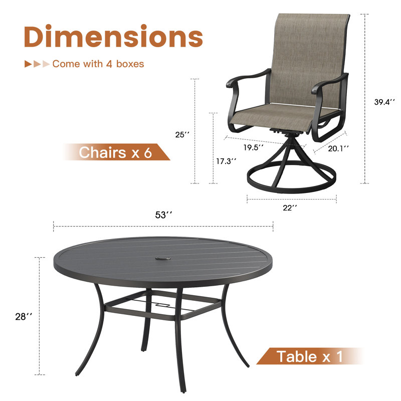 Atlasburg 6-Person Patio Dining Set with 53" Round Patio Dining Table and 6 Swivel PVC-coated polyester Dining Chairs