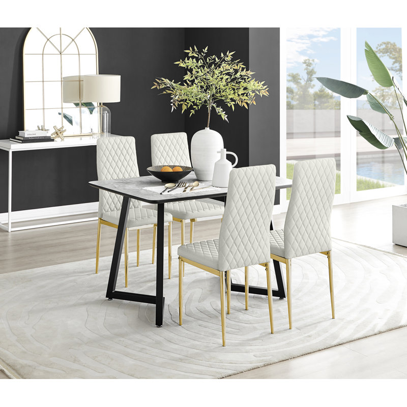 Benia White & Grey Marble Effect Dining Table Set with x4 Luxury Velvet Upholstered Dining Chairs, Cream/Gold