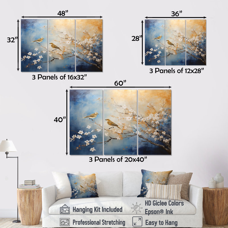 Oiseaux dorés et bleus sur un arbre floral - Art mural oiseau, H 32 po x l 48 po x P 1 po