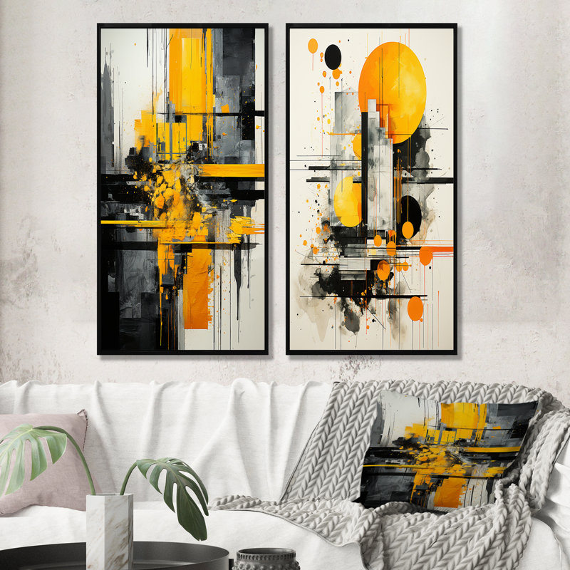 Collage géométrique jaune et noir II - ensemble de 2 reproductions de toiles abstraites, H 28 po x l 25 po, Cadre noir