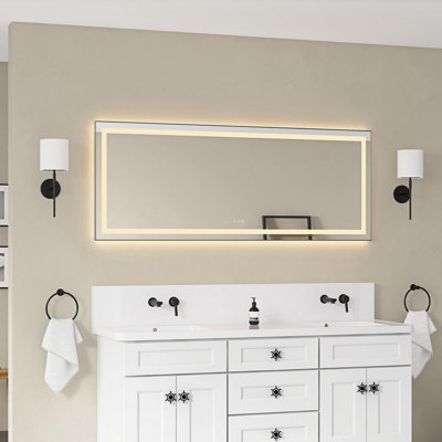 Miroir de salle de bain 72 po x 28 po à DEL avec façade et rétroéclairage, miroir de meuble-lavabo mural avec cadre en aluminium, antibuée, mémoire, 3 couleurs, gradation continue