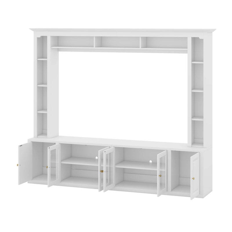 Meuble audio-vidéo 4 pièces, console multimédia avec tablette réglable et porte en verre trempé, Blanc