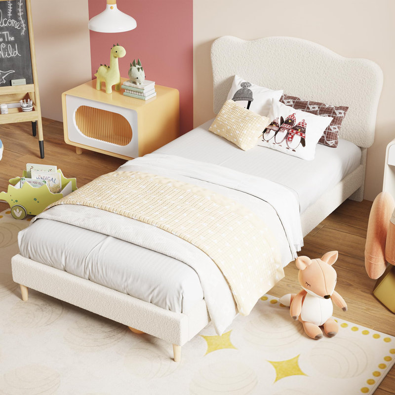 Twin-XL Size Bed Frame Soft Low Profile Sturdy Platform with Upholstered Headboard,  Wooden Slats, Noise Free, No Box Spring Needed, Beige