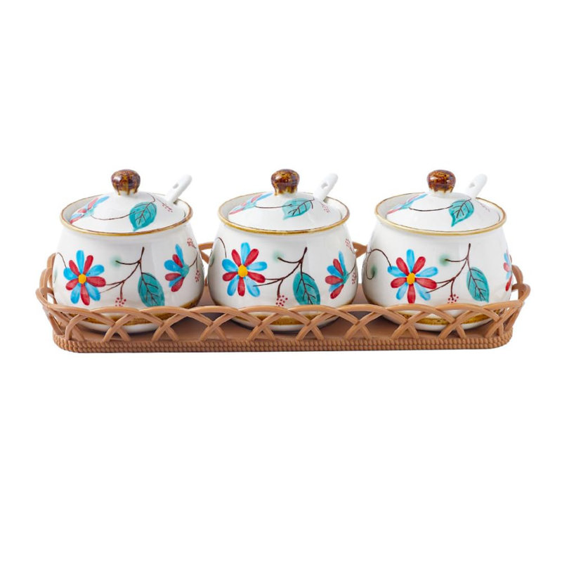 Ceramic Salt Sugar Bowls Set, Set Of 3 Condiment Pots Seasoning Jar Spice Container With Lid Spoon And Tray For Home Kitchen Counter, Dishwasher Safe (Red)