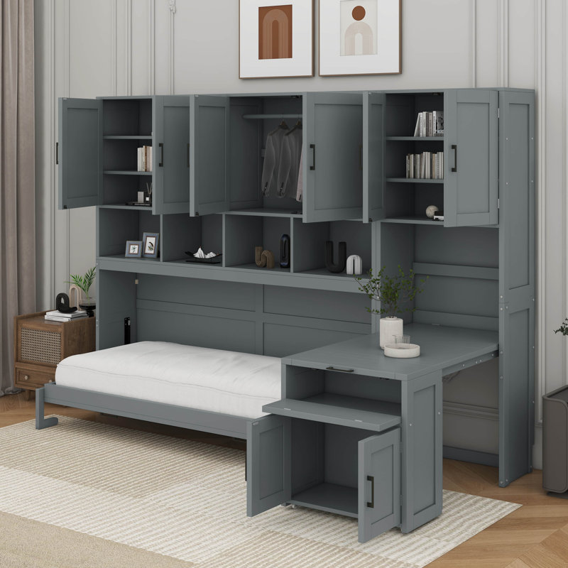 Lit escamotable simple avec placard, tiroirs et bureau