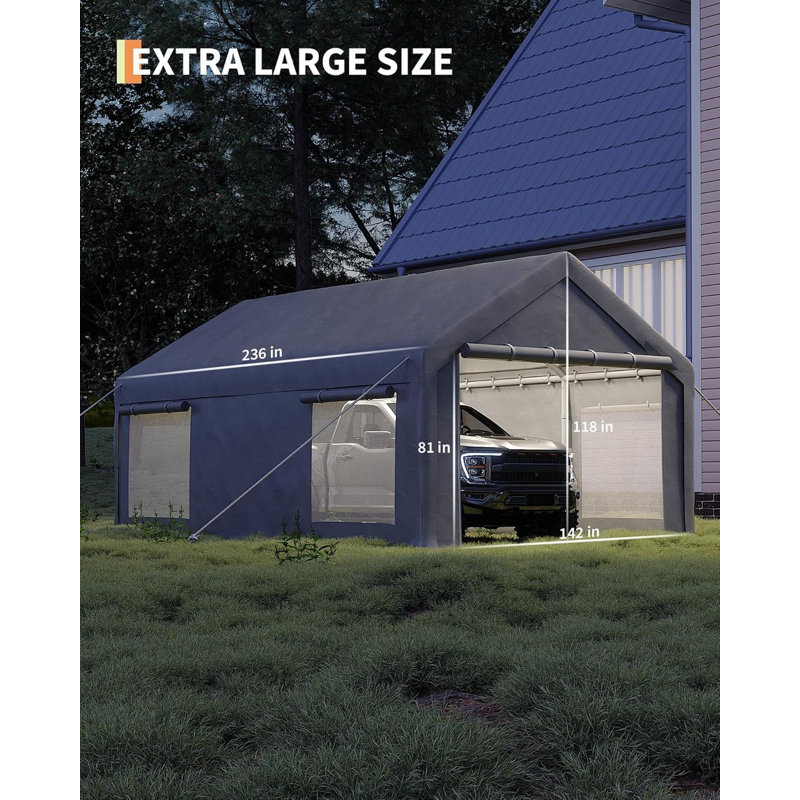 Abri d'auto robuste, toile de polyester imperméable avec portes et fenêtres enroulables, parois latérales amovibles, abri de garage pour voiture, camion, bateau de 12 pi x 20 pi