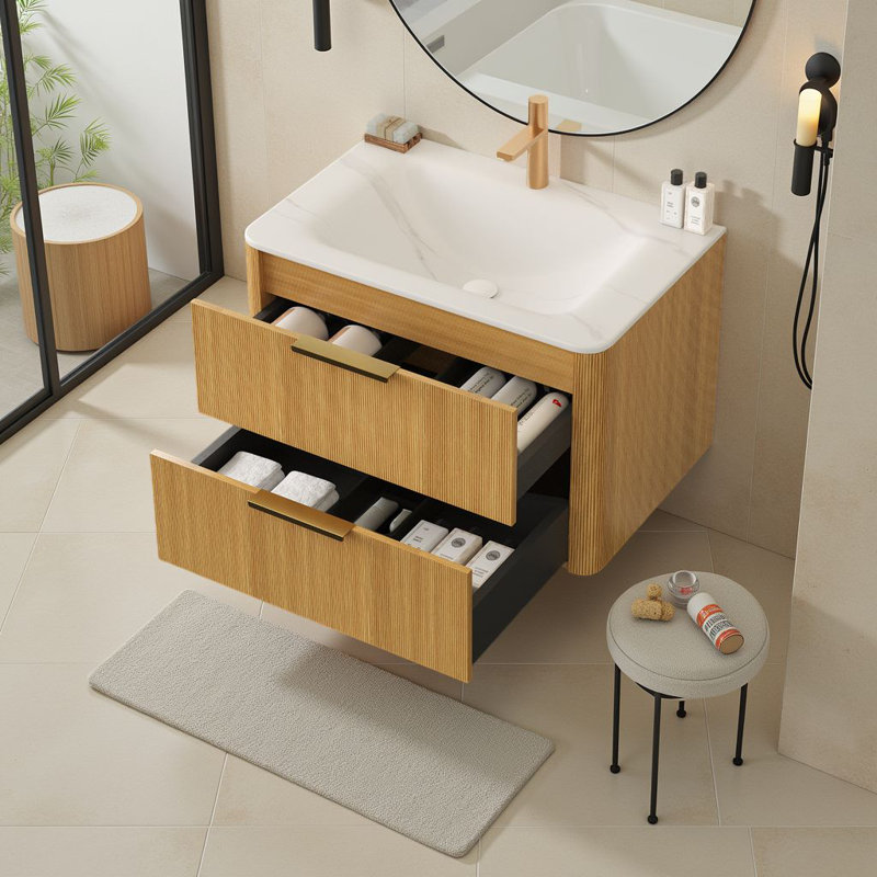Meuble-lavabo flottant moderne de 30 po avec lavabo intégré en pierre frittée, armoire en contreplaqué et 2 tiroirs à fermeture en douceur