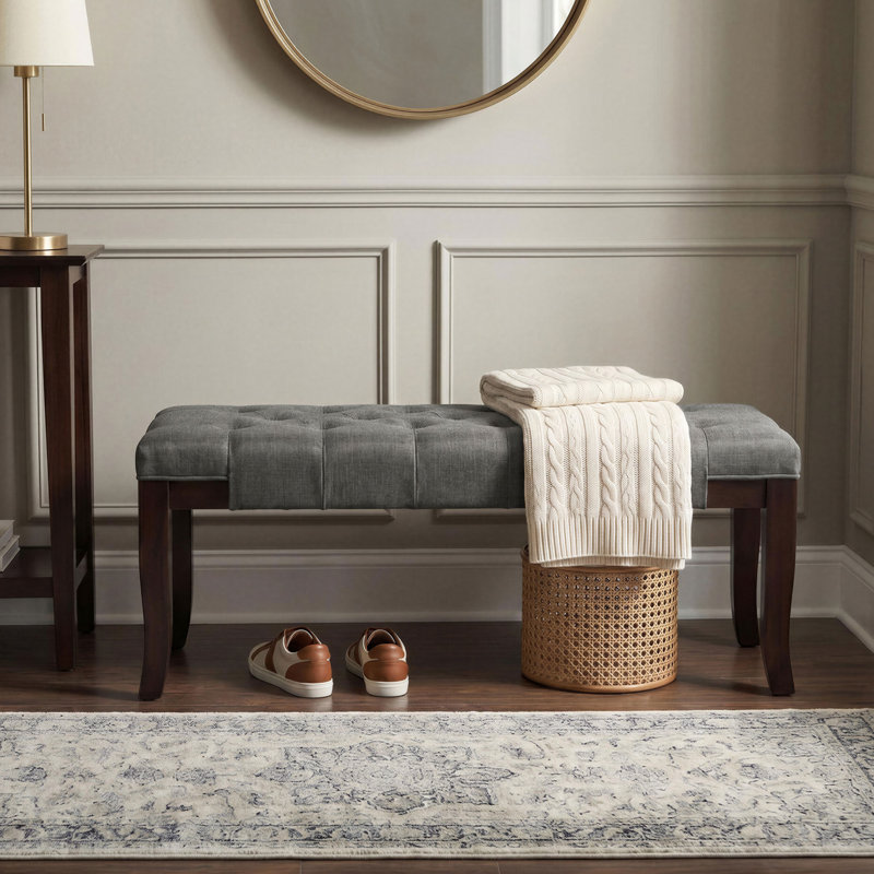Solid Wood Upholstered Tufted Bench, Gray Fabric