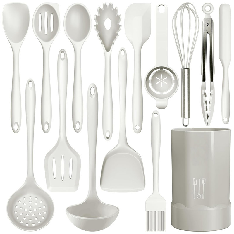 Ensemble de 15 ustensiles de cuisine en silicone, ensemble d'ustensiles de cuisine, blanc crème