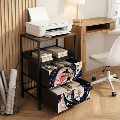 Table de chevet 2 tiroirs avec station de charge, table de chevet de chambre à coucher avec ports USB, tablette ouverte noire, table de chevet avec composition florale en papier à motif floral rose