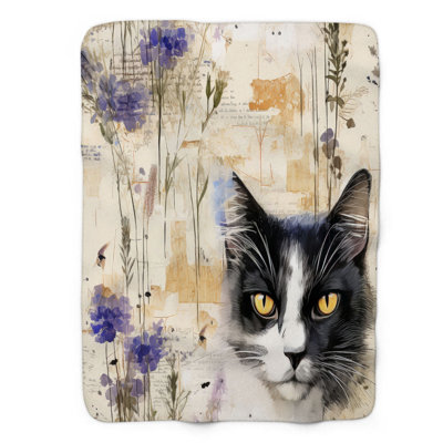 Floral Feline Delight - Jeté Sherpa Bla Premium 1 pièce
