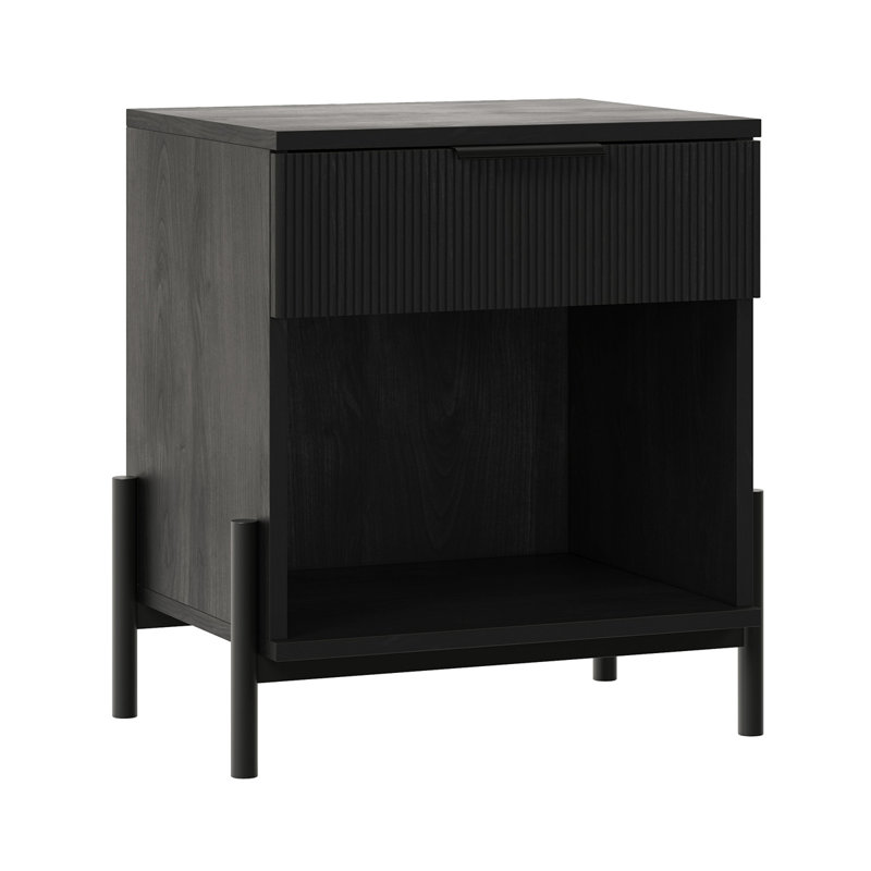 Black Modern 1-Drawer Nightstand with Open Cubby