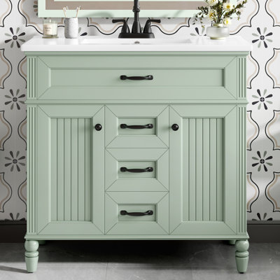 Van Meuble-lavabo vert 36 po】 - Combo de lavabo en céramique, tiroir supérieur rabattable, portes à fermeture en douceur et 2 tiroirs de rangement - cadre en bois massif et MDF, poignées noires