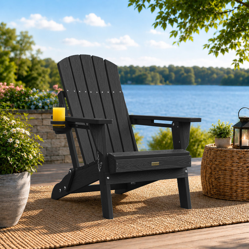 Weather-Resistant Adirondack Chairs with Cup Holder: Outdoor Plastic HDPE Folding Adirondack Chairs for Fire Pit/Deck/Porch/Garden/Lawn/Backyard (Black)