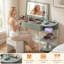Bureau de meuble-lavabo avec miroir rabattable et lumières, bureau de maquillage avec tiroirs, coiffeuse avec tablettes de rangement et station de charge, petit meuble-lavabo pour petits espaces, vert