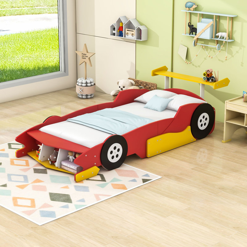 Lit plateforme en forme de voiture de course avec roues fixes, rails de sécurité et tablettes de rangement, Simple, Rouge