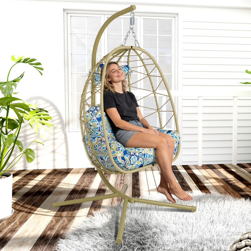 Fauteuil suspendu suspendu en osier avec support et coussin lavable pour patio, Blue Floral, Cyan