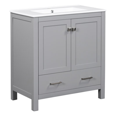 Meuble-lavabo gris 60 po avec lavabos doubles en céramique et tablette spacieuse - meuble de rangement élégant