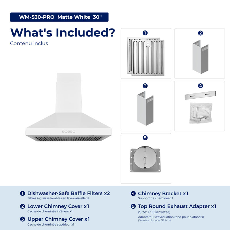 Hotte murale convertible, Blanc mat, 44" H x 30" W x 19" D