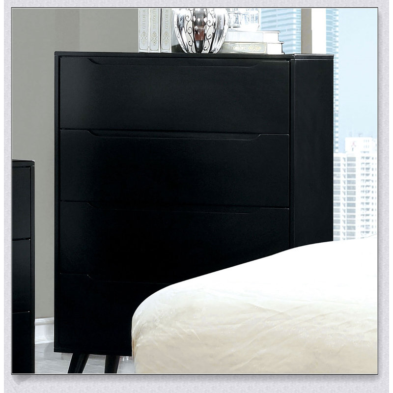 Commode 4 tiroirs Mid-Century moderne noire avec poignées encastrées et pieds ronds effilés, parfaite pour le rangement contemporain