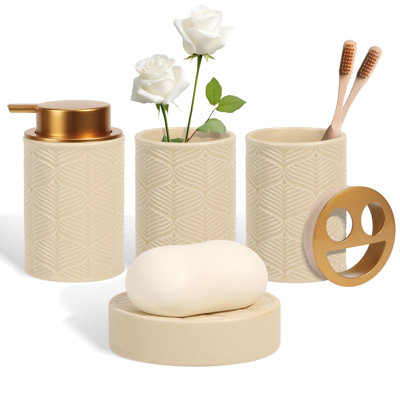 Ensemble d'accessoires de salle de bain en céramique, 4 pièces - comprend distributeur de savon à lotion, porte-brosse à dents, plateau de coiffeuse et gobelet, organisateur de salle de bain moderne avec porte-savon, pot d'apothicaire