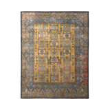 Hand-Knotted Classic Rug Gold Blue Geometric Pattern