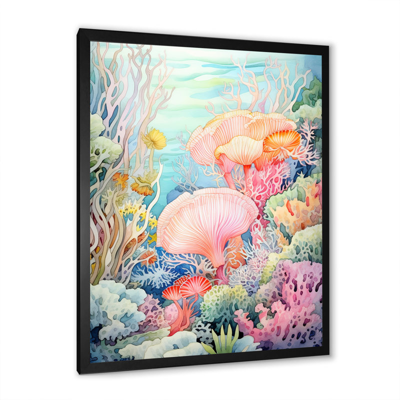 Couleurs pastel aquarelle coraux II - plage et océan, impressions d'art mural, Cadre simple noir, H 20 po x l 12 po x P 1 po