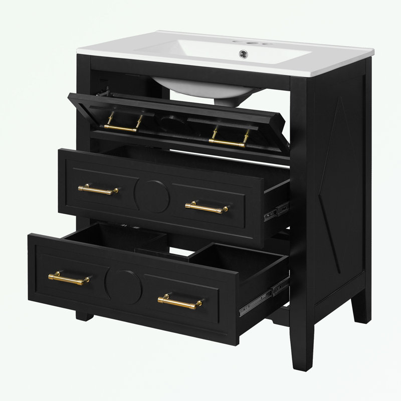 Ensemble de meuble-lavabo à structure en bois avec lavabo en céramique et 3 tiroirs, Noir
