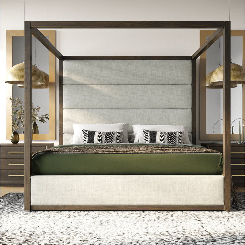 Langley Tufted Canopy Bed, King, Cherry/Light Gray