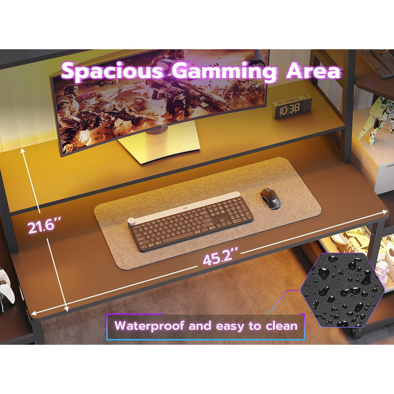Black 65.7'' Gaming Desk with LED Lights and Hutch
