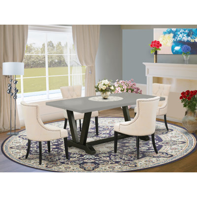 Ensemble de table moderne 5 pièces comprenant une table de salle à manger en lin blanc cassé (blanc cassé) et 4 chaises de salle à manger en tissu de lin sable clair à haut dossier - finition jacobine patinée