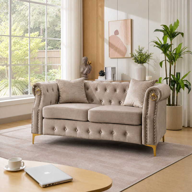  64.1" Retro-Style Velvet Loveseat, Beige