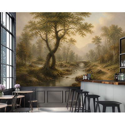 Peel and Stick Wallpaper Serene Forest Landscape Stream Stone Bridge Autumn Colors Wall Murals 69"H x 96"W Removable PVC Wall Paper Self-Adhesive Wall Decor for Bedroom Living Room Home Office