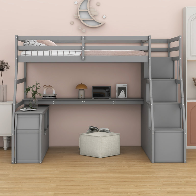 Lit mezzanine avec tiroirs, tablettes et bureau, gris