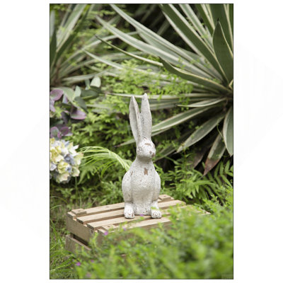 5.3x4.5x12.8" Weathered Cement Cream Rabbit Statue